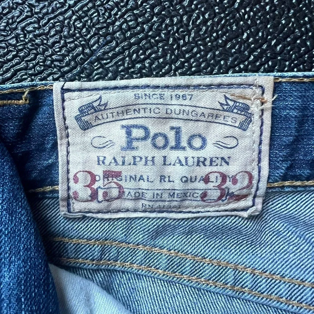 VTG Y2K Polo Ralph Lauren Mens Jeans Straight Leg 35x32 Preppy Leather Patch 90s